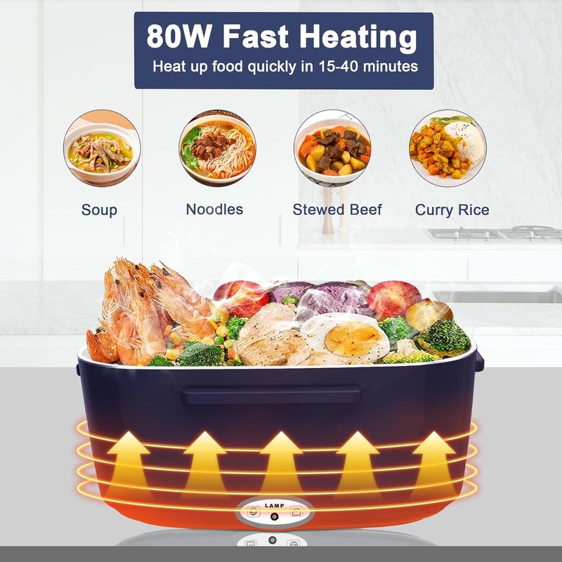 HOLDRUBY Electric Heated Lunch Boxes Adults: 80W Electric Lunch Box Food Heated 12/24/110V 1.5L Heatable Lunch Box for Car/Truck/Office Leak-Proof Stainless Steel Container, Fork & Spoon, Bag (Blue+White) - Image 3